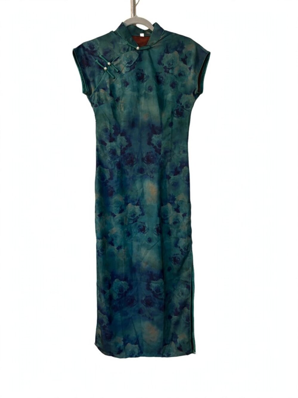 Teal Blue Floral Qipao Cheongsam Dress Mandarin Collar Pearl Frog Buttons